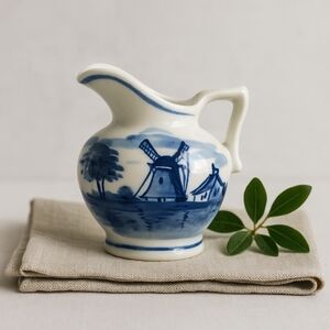 Delft Blue Miniature Pitcher Hand Painted Holland Windmill Ceramic Vintage